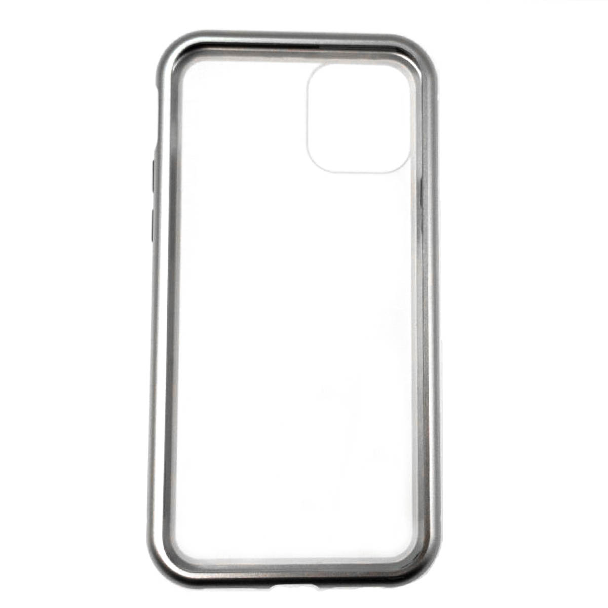 Чехол магнитный для APPLE iPhone 11 2019, закаленное стекло, металл, цвет серебристо прозрачный (-70%)