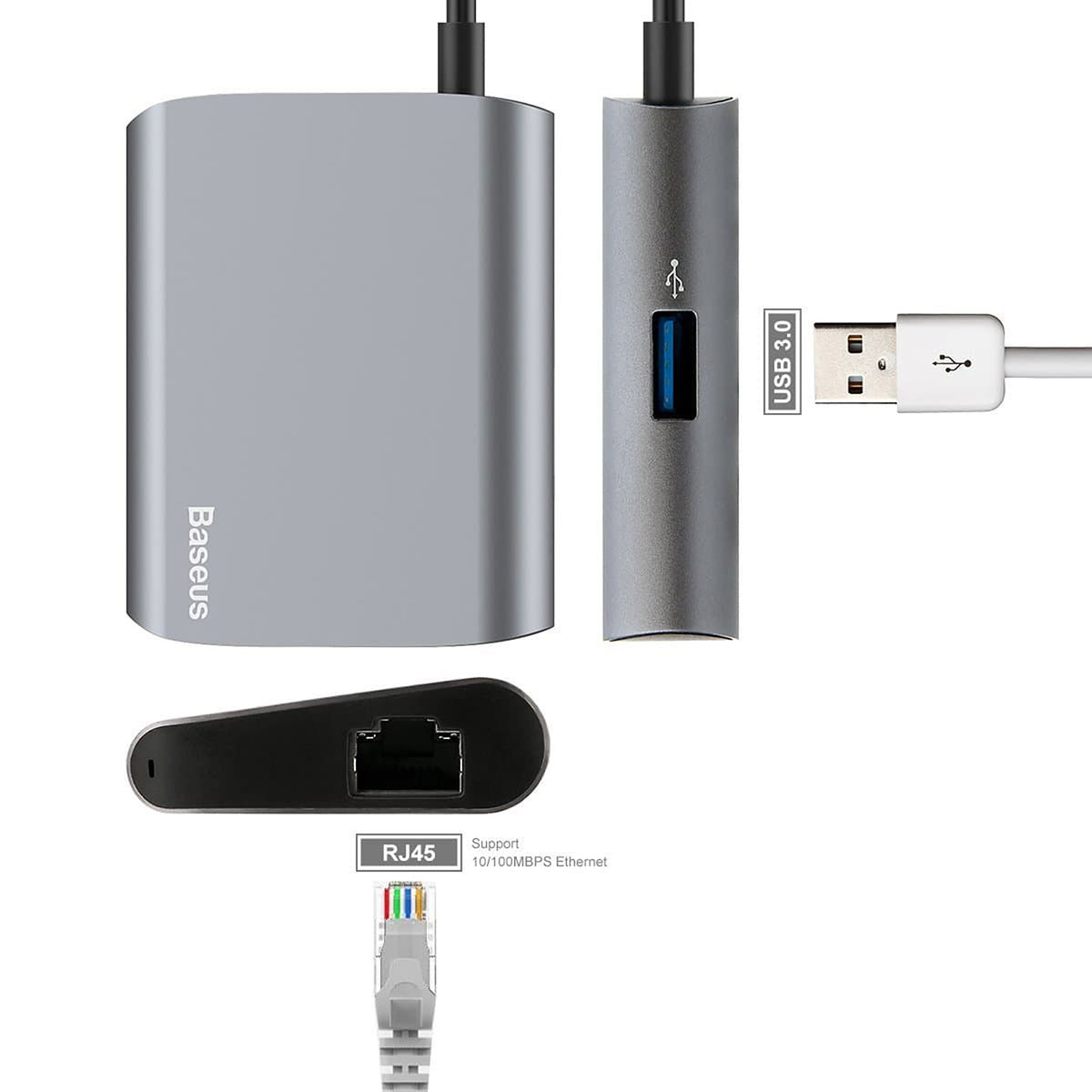 USB-концентратор (ХАБ) Baseus Enjoyment series Type-C на RJ45 + порт USB 3.0, цвет серый USB-концентратор (ХАБ) Baseus Enjoyment series Type-C на RJ45 + порт USB 3.0, цвет серый