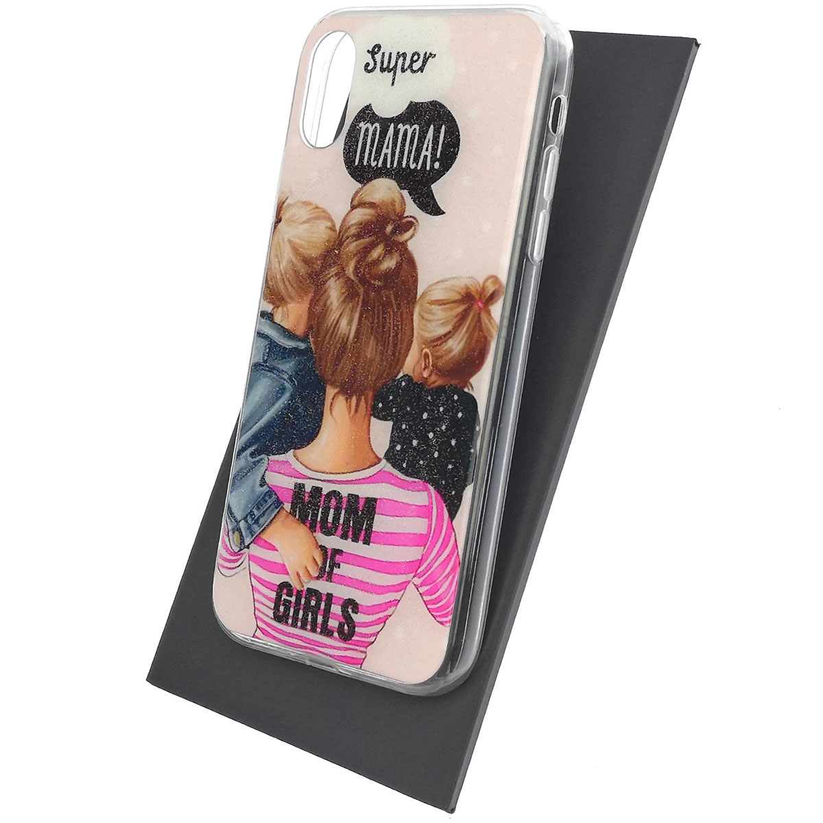 Чехол накладка для APPLE iPhone XR, силикон, блестки, глянцевый, рисунок Super Mama Mom of Girls Чехол накладка для APPLE iPhone XR, силикон, блестки, глянцевый, рисунок Super Mama Mom of Girls