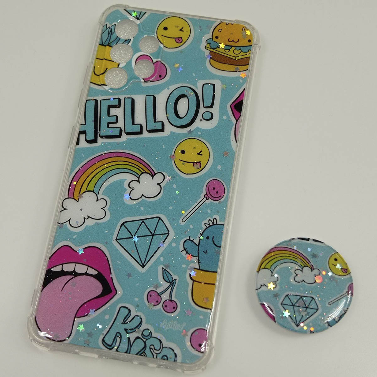 Чехол накладка для SAMSUNG Galaxy A32, силикон, фактурный глянец, с поп сокетом, рисунок HELLO