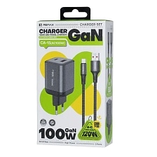 СЗУ (Сетевое зарядное устройство) REMAX GaN CA-15(AC100W) с кабелем USB Type C, 100W, 1 USB A, 1 USB Type C, длина 1.2 метра, цвет черно серый