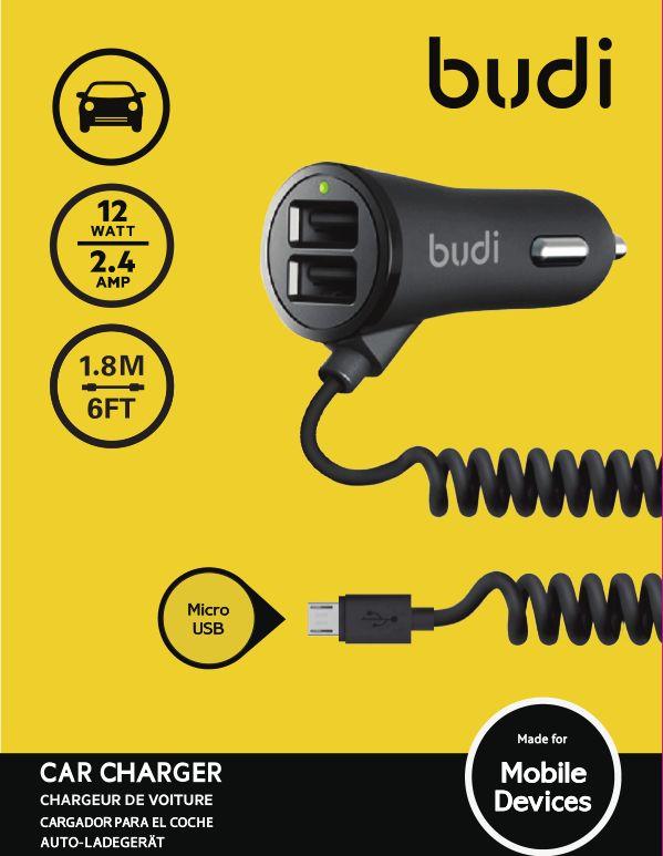 АЗУ "budi" 2.4A с двумя USB выходами 2.4A (M8J068M Rev.A00) с витым кабель Micro USB 1.8 метра, чёрного цвета. АЗУ "budi" 2.4A с двумя USB выходами 2.4A (M8J068M Rev.A00) с витым кабель Micro USB 1.8 метра, чёрного цвета.