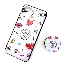 Чехол накладка для XIAOMI REDMI 6, силикон, попсокет, рисунок Happy Day, цвет белый.