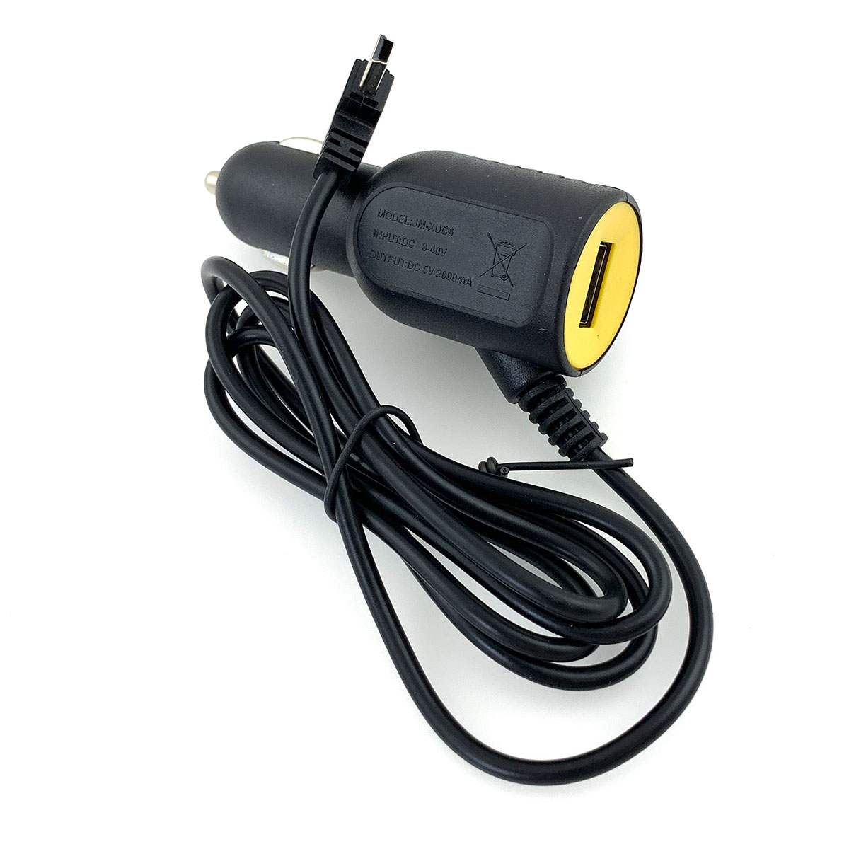 АЗУ (автомобильное зарядное устройство) JM-XUC6, DC-12V, 1xUSB 5V-2A, с кабелем Mini USB, длина 1 метр, цвет черный