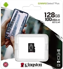 Карта памяти MicroSDXC 128GB Kingston Canvas Select Plus Class 10, UHS-I, U1, 100 Mb/s (SDCS2/128GBSP), без адаптера, цвет черный