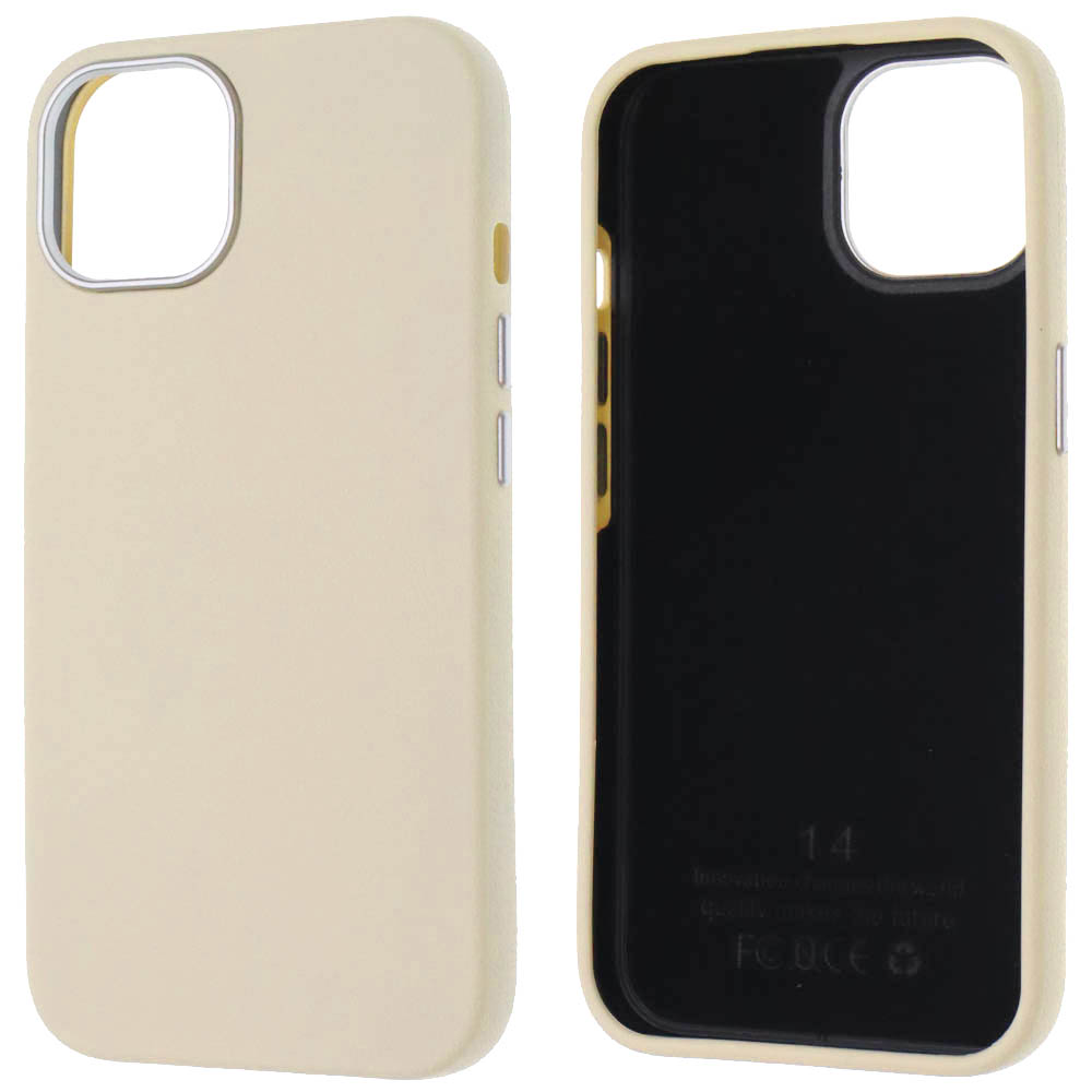 Чехол накладка для APPLE iPhone 14 (6.1"), силикон, пластик, текстура кожи, бархат, цвет молочный Чехол накладка для APPLE iPhone 14 (6.1"), силикон, пластик, текстура кожи, бархат, цвет молочный