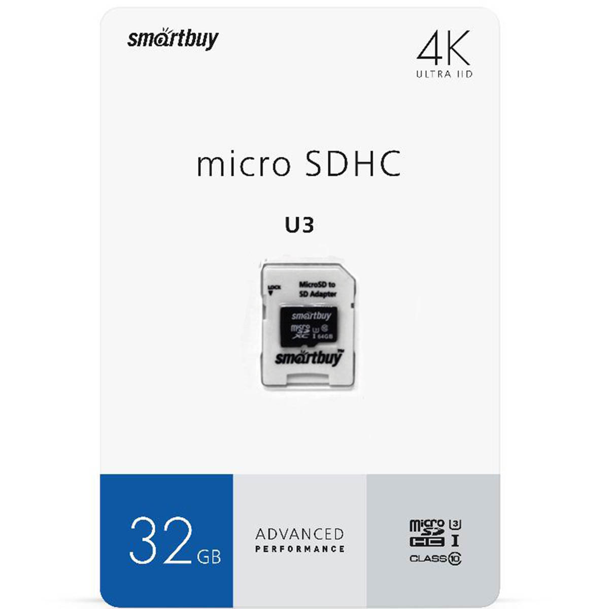 Карта памяти MicroSD SMARTBUY Advanced SB32GBSDU1A-AD, 32gb, 4K, U3 V30 A1 (55/90 Mb/s), Class 10, SD адаптер, цвет черный