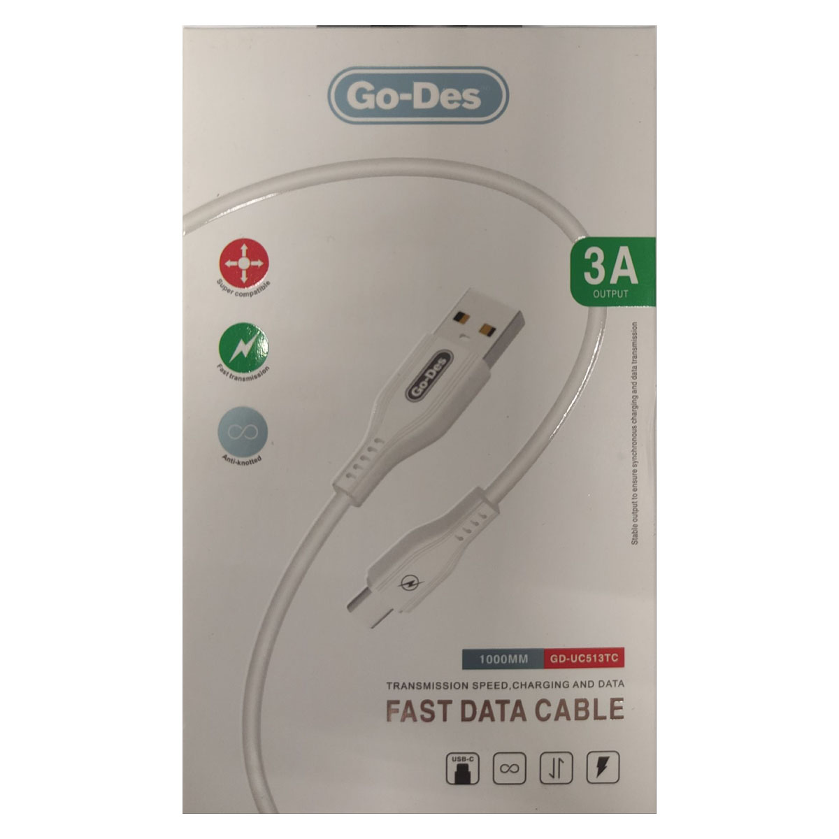 Кабель GO-DES GD-UC513TC USB Type C, 3A, длина 1 метр, цвет белый