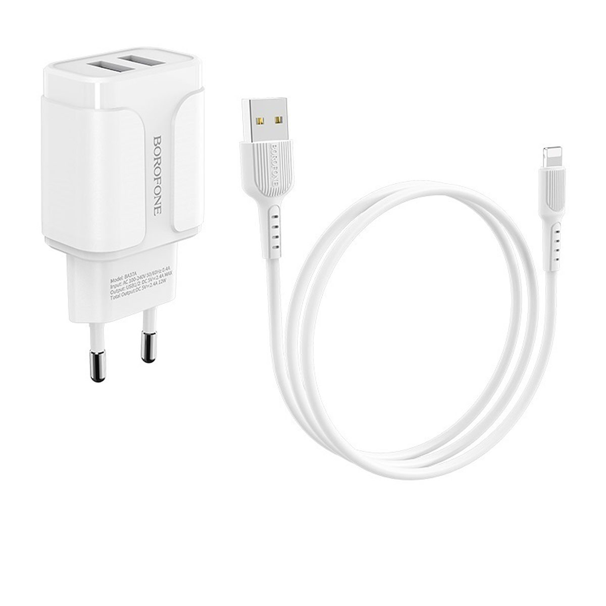 BOROFONE BA37A Speedy, сетевое зарядное устройство с двумя USB портами, с кабелем APPLE Lightning 8-pin, цвет белый. BOROFONE BA37A Speedy, сетевое зарядное устройство с двумя USB портами, с кабелем APPLE Lightning 8-pin, цвет белый.
