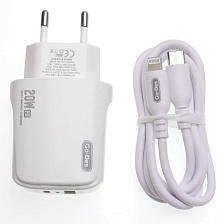 СЗУ (Сетевое зарядное устройство) GO-DES GD-QC3016 с кабелем USB Type C на Lightning 8 pin, 20W, 1 USB Type C PD20W, 1 USB QC3.0 18W, длина 1 метр, цвет белый