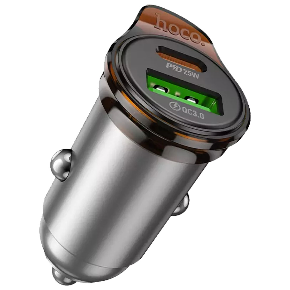 АЗУ (Автомобильное зарядное устройство) HOCO NZ16A Rigorous, 43W, 1 USB Type C, 1 USB A, PD25W, QC3.0, цвет серебристый АЗУ (Автомобильное зарядное устройство) HOCO NZ16A Rigorous, 43W, 1 USB Type C, 1 USB A, PD25W, QC3.0, цвет серебристый