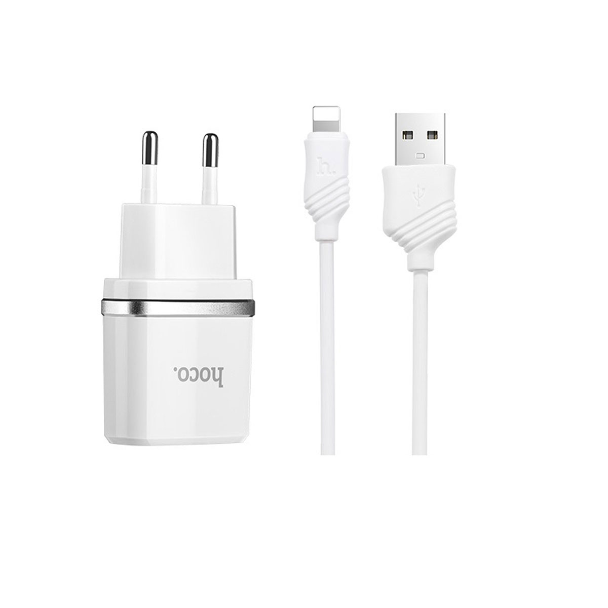 HOCO C12 Smart СЗУ (сетевое зарядное устройство) 2xUSB 2.4А с кабелем APPLE Lightning 8-pin, цвет белый | Последняя цена