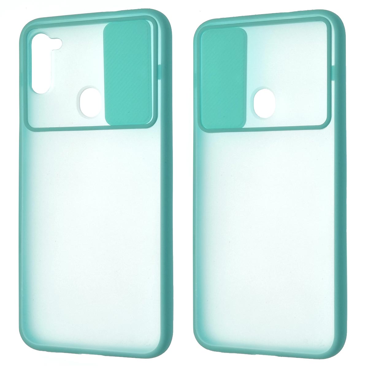 Чехол накладка для SAMSUNG Galaxy A11 (SM-A115), Galaxy M11 (M115), силикон, пластик, матовый, со шторкой для защиты задней камеры, цвет окантовки бирюзовый