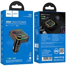 АЗУ (Автомобильное зарядное устройство) HOCO E85 Tiger с FM трансмиттером, 38W, Bluetooth, 2 USB A, 1 USB Type C, LED дисплей, RGB подсветка, PD20W, QC3.0, цвет черный