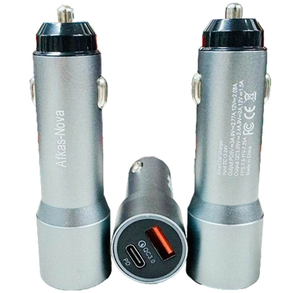 Удлиненное АЗУ (Автомобильное зарядное устройство) Afkas-Nova AF46, 1 USB Type C, 1 USB, цвет серебристый