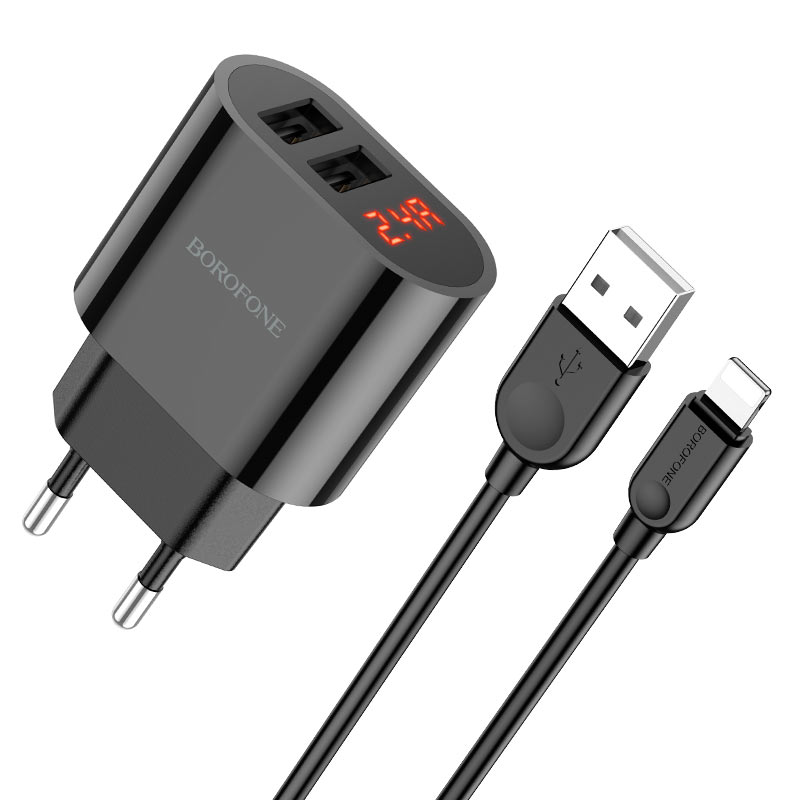 СЗУ (Сетевое зарядное устройство) BOROFONE BA63A с кабелем Lightning 8 pin, 2.4А, длина 1 метр, цвет черный СЗУ (Сетевое зарядное устройство) BOROFONE BA63A с кабелем Lightning 8 pin, 2.4А, длина 1 метр, цвет черный