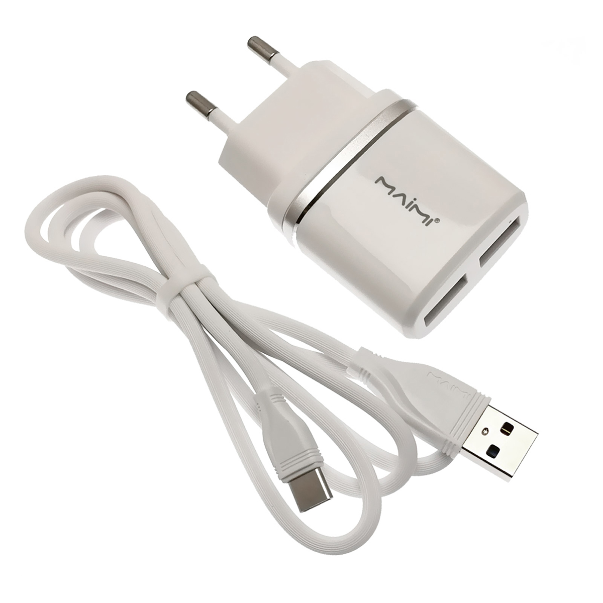 MAIMI T8 2 в 1 СЗУ (сетевое зарядное устройство) на 2 USB порт 5V-2.4A + кабель Type-C длиной 1 метр, цвет белый. MAIMI T8 2 в 1 СЗУ (сетевое зарядное устройство) на 2 USB порт 5V-2.4A + кабель Type-C длиной 1 метр, цвет белый.