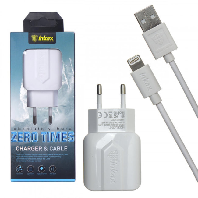 СЗУ "Inkax" 5V - 2100mA CD-21-IP + USB кабель Apple lightning 8 pin цвет белый. СЗУ "Inkax" 5V - 2100mA CD-21-IP + USB кабель Apple lightning 8 pin цвет белый.