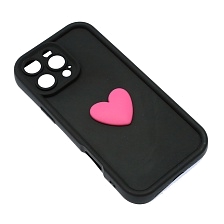 Чехол накладка для APPLE iPhone 16 Pro Max, силикон, 3D сердце розовое, защита камеры, бортики, цвет черный Чехол накладка для APPLE iPhone 16 Pro Max, силикон, 3D сердце розовое, защита камеры, бортики, цвет черный