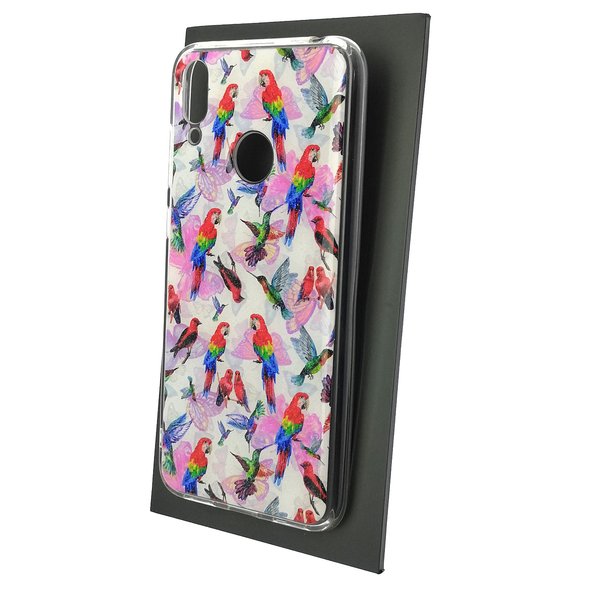 Чехол накладка для HUAWEI Y7 2019, силикон, глянцевый, блестки, рисунок Попугаи колибри Чехол накладка для HUAWEI Y7 2019, силикон, глянцевый, блестки, рисунок Попугаи колибри