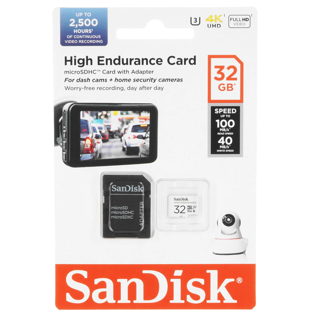 Карта памяти MicroSDHC 32GB SANDISK High Endurance UHS-I U3, 100 Мб/с, с адаптером