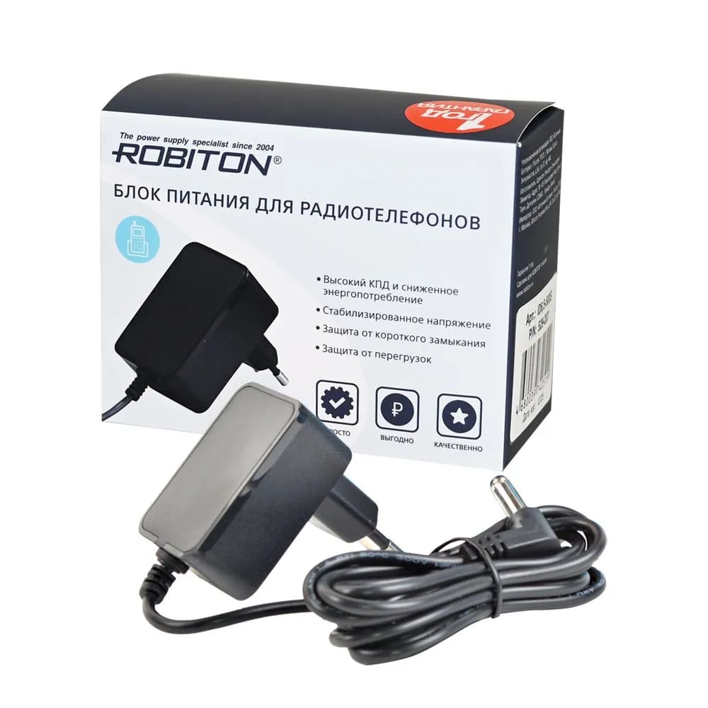 Блок питания ROBITON ID6.5-500S универсальный для радиотелефонов, штекер угловой 4.8x1.7/12 (+), цвет черный