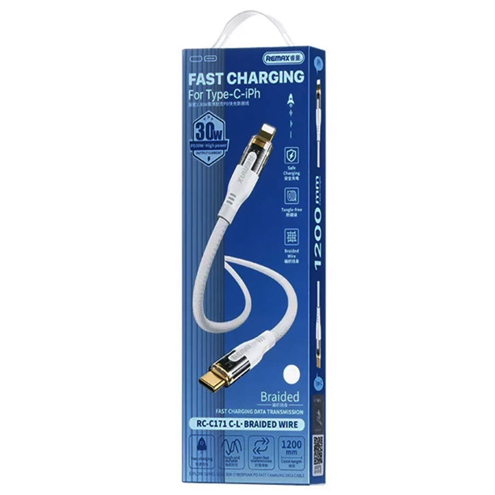 Кабель REMAX RC-C171 USB Type C на Lightning 8 pin, PD30W, длина 1.2 метра, цвет белый Кабель REMAX RC-C171 USB Type C на Lightning 8 pin, PD30W, длина 1.2 метра, цвет белый