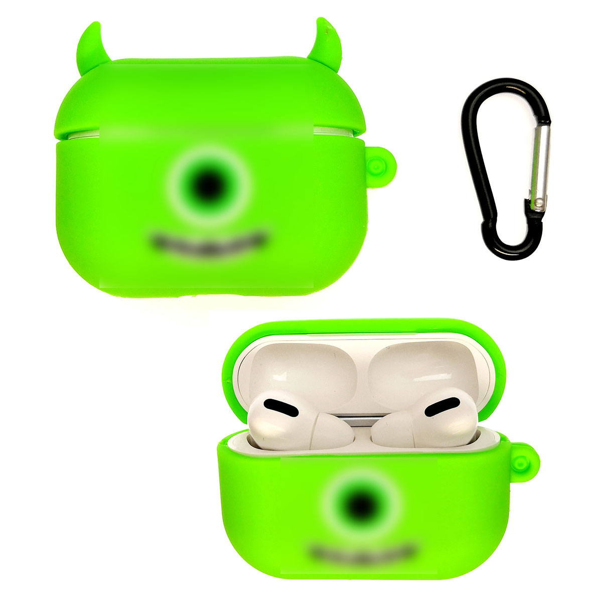 Чехол для беспроводных наушников APPLE AirPods Pro, силиконовый с карабином, 3D один глаз, цвет зеленый Чехол для беспроводных наушников APPLE AirPods Pro, силиконовый с карабином, 3D один глаз, цвет зеленый
