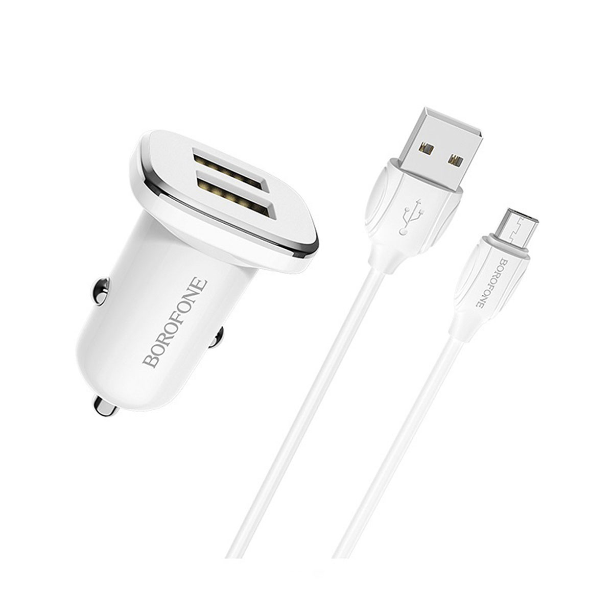 АЗУ (Автомобильное зарядное устройство) BOROFONE BZ12 Lasting power, 2 USB, с кабелем micro USB, цвет белый