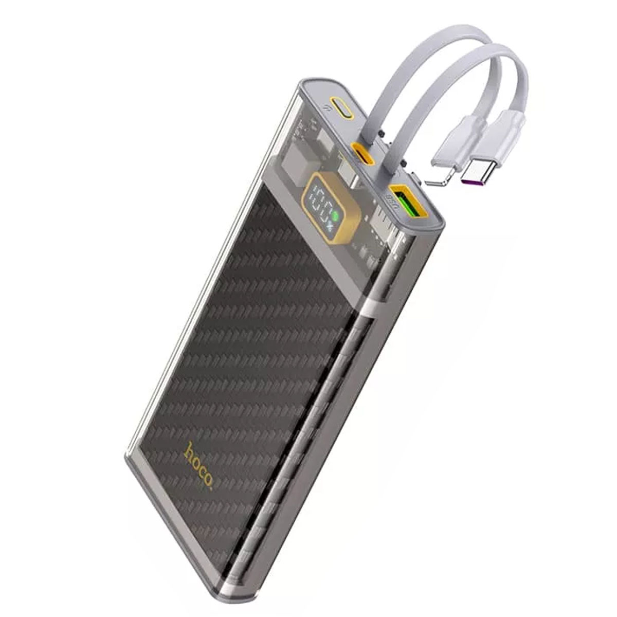 Внешний портативный аккумулятор, HOCO J104 Discovery, 10000 mAh, 22.5W, QC3.0, LED дисплей, встроенный кабель USB Type C, Lightning 8 pin, цвет серый Внешний портативный аккумулятор, HOCO J104 Discovery, 10000 mAh, 22.5W, QC3.0, LED дисплей, встроенный кабель USB Type C, Lightning 8 pin, цвет серый