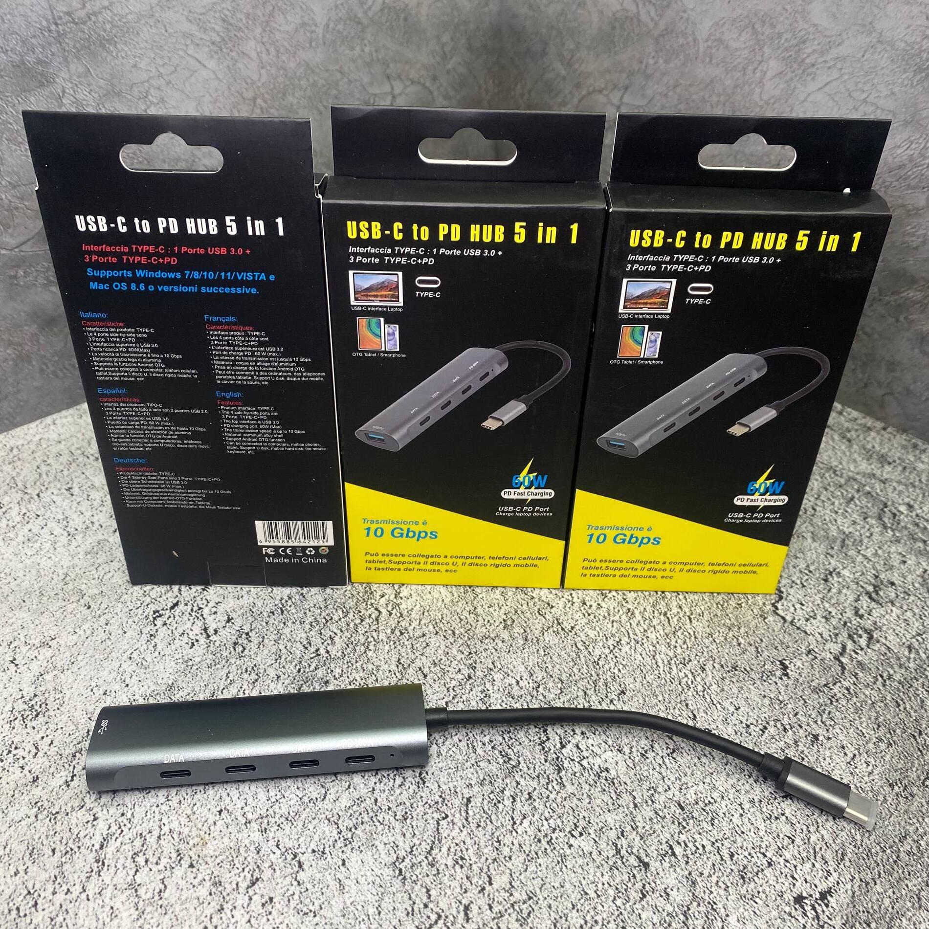 Разветвитель 5 в 1, хаб на 5 портов: 3 порта Type-C, 1 порт Type-C PD 100W, 1 порт USB 3.0, адаптер OTG с кабелем 0,15 см Type-C, цвет серебристый
