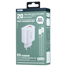 СЗУ (Сетевое зарядное устройство) REMAX RP-U120 20W, 1 USB, 1 USB-C (Type C), с кабелем 30W Type-C на Type-C, длина 1 метр, цвет белый