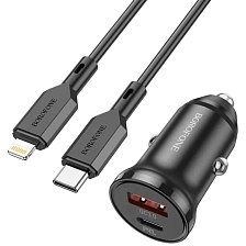 АЗУ (Автомобильное зарядное устройство) BOROFONE BZ18A, 3А, 20W, PD20W, QC3.0, с кабелем USB Type C на Lightning 8 pin, цвет черный