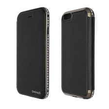 Чехол книжка для APPLE iPhone 6, 6G, 6S, экокожа, окантовка со стразами, цвет черный.