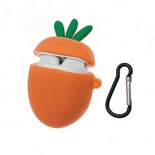 Чехол для беспроводных наушников APPLE AirPods 1, AirPods 2, силиконовый с карабином, 3D оранжевая морковь.