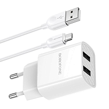 СЗУ (Сетевое зарядное устройство) BOROFONE BA53A Powerway с кабелем Micro USB, 2.1А, длина 1 метр, цвет белый СЗУ (Сетевое зарядное устройство) BOROFONE BA53A Powerway с кабелем Micro USB, 2.1А, длина 1 метр, цвет белый