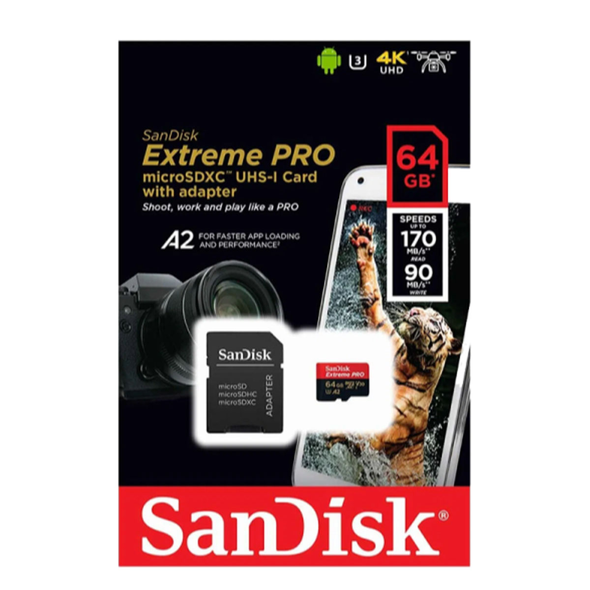 Карта памяти MicroSDXC 64GB SANDISK Extreme Pro Class 10 A2 UHS-I (U3), 200 МБ/сек, цвет черно красный