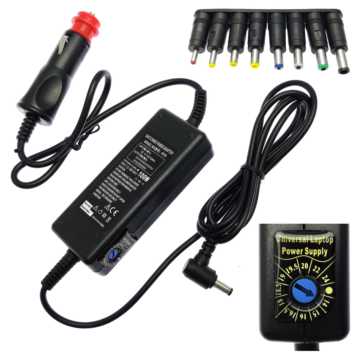 Блок питания для ноутбука SP28, автомобильный 12-24V, 100W, 8 насадок, цвет черный