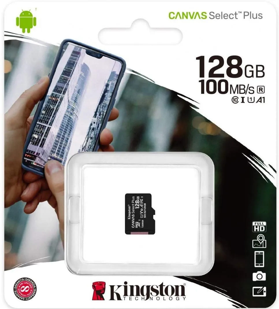 Карта памяти MicroSDXC 128GB Kingston Canvas Select Plus Class 10, UHS-I, U1, 100 Mb/s (SDCS2/128GBSP), без адаптера, цвет черный