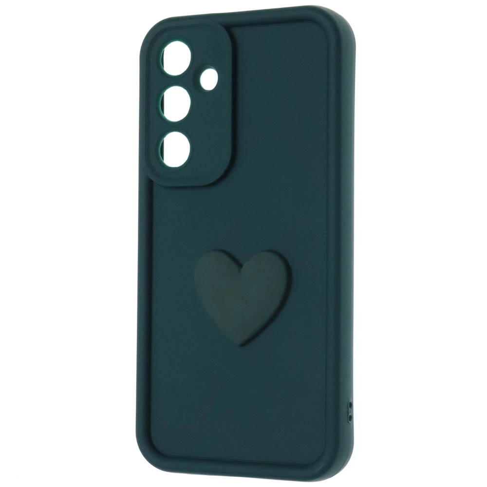 Чехол накладка для SAMSUNG Galaxy A55, силикон, 3D сердце, защита камеры, бортики, цвет темно зеленый Чехол накладка для SAMSUNG Galaxy A55, силикон, 3D сердце, защита камеры, бортики, цвет темно зеленый