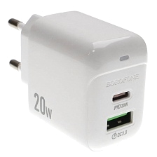 СЗУ (Сетевое зарядное устройство) BOROFONE BAS44A Potential, 20W, 1 USB Type C, 1 USB, PD20W, QC3.0, цвет белый СЗУ (Сетевое зарядное устройство) BOROFONE BAS44A Potential, 20W, 1 USB Type C, 1 USB, PD20W, QC3.0, цвет белый