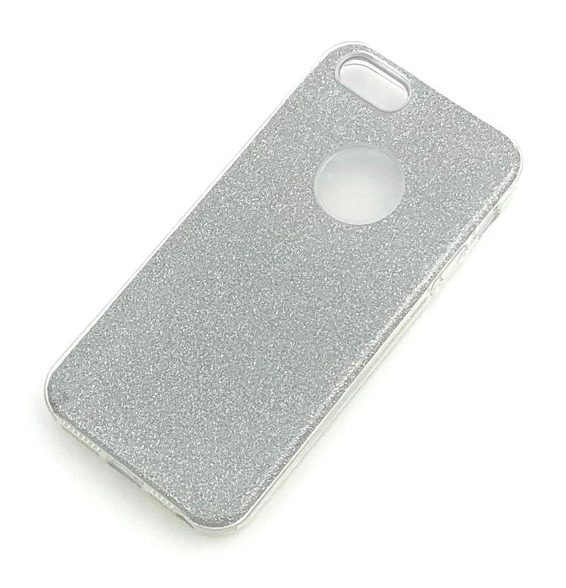 Чехол накладка Shine для APPLE iPhone 5G, 5S, SE, силикон, блестки, цвет серебристый