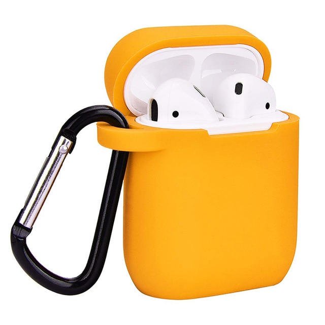 Чехол для беспроводных наушников APPLE AirPods силиконовый с карабином, цвет оранжевый. Чехол для беспроводных наушников APPLE AirPods силиконовый с карабином, цвет оранжевый.