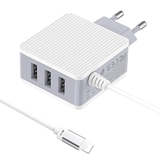 СЗУ (Сетевое зарядное устройство) BOROFONE BA42A Joyful theree-port со встроенным кабелем APPLE Lightning 8 pin, 3.1A, 3 USB, длина 1 метр, цвет белый