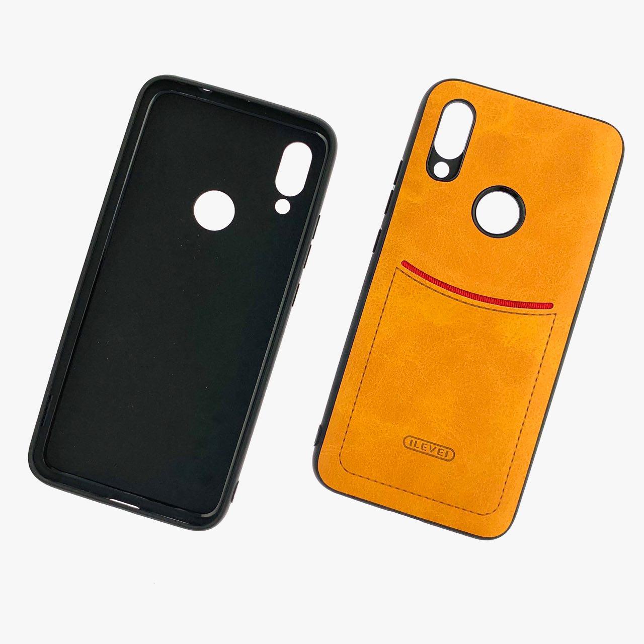 Чехол накладка для XIAOMI REDMI 7, силикон, визитница, экокожа, цвет светло коричневый.