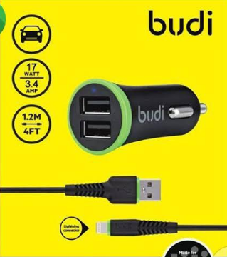 АЗУ "budi" 2.4A с 2 USB выходам (M8J061L Rev A00)+ кабель Apple 8 pin цвет чёрный.