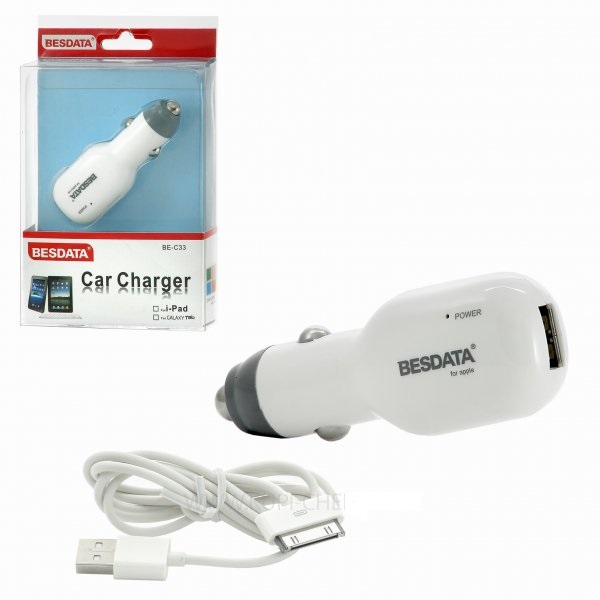 Автомобильное зарядное устройство Besdata BE-C33 с USB кабелем для Apple iPhone 4/4S 30 pin. Автомобильное зарядное устройство Besdata BE-C33 с USB кабелем для Apple iPhone 4/4S 30 pin.