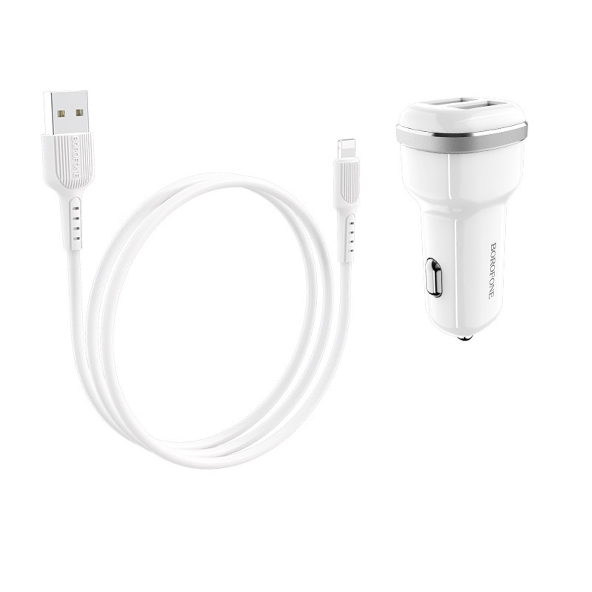 АЗУ (Автомобильное зарядное устройство) BOROFONE BZ13 Extreme с Lightning 8 pin, 2 USB, 2.4A, длина 1 метр, цвет белый АЗУ (Автомобильное зарядное устройство) BOROFONE BZ13 Extreme с Lightning 8 pin, 2 USB, 2.4A, длина 1 метр, цвет белый