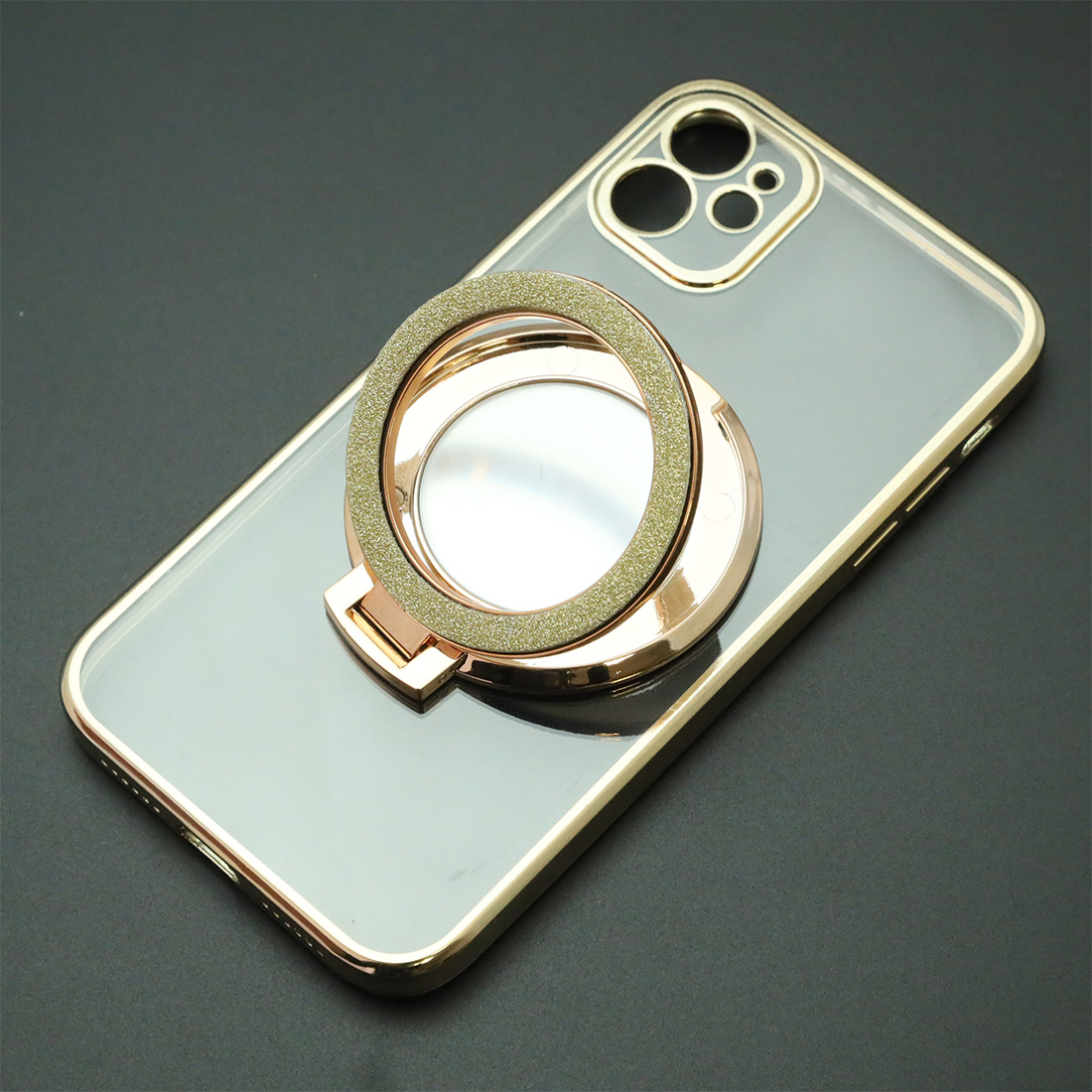 Чехол накладка для APPLE iPhone 11, силикон, защита камеры, кольцо держатель, прозрачный, цвет окантовки золотистый Чехол накладка для APPLE iPhone 11, силикон, защита камеры, кольцо держатель, прозрачный, цвет окантовки золотистый