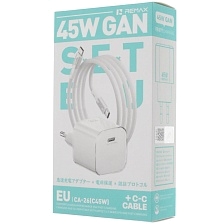 СЗУ (Сетевое зарядное устройство) REMAX GaN CA-26 (C45W) с кабелем USB Type C на USB Type C, 45W, 1 USB Type C, длина 1.2 метра, цвет белый